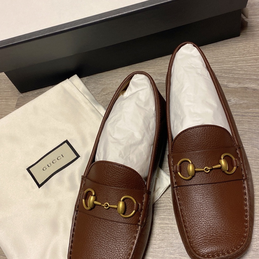 Men Gucci Horsebit Moccasin Shoes Light Brown Size 8 - Picture 1 of 9
